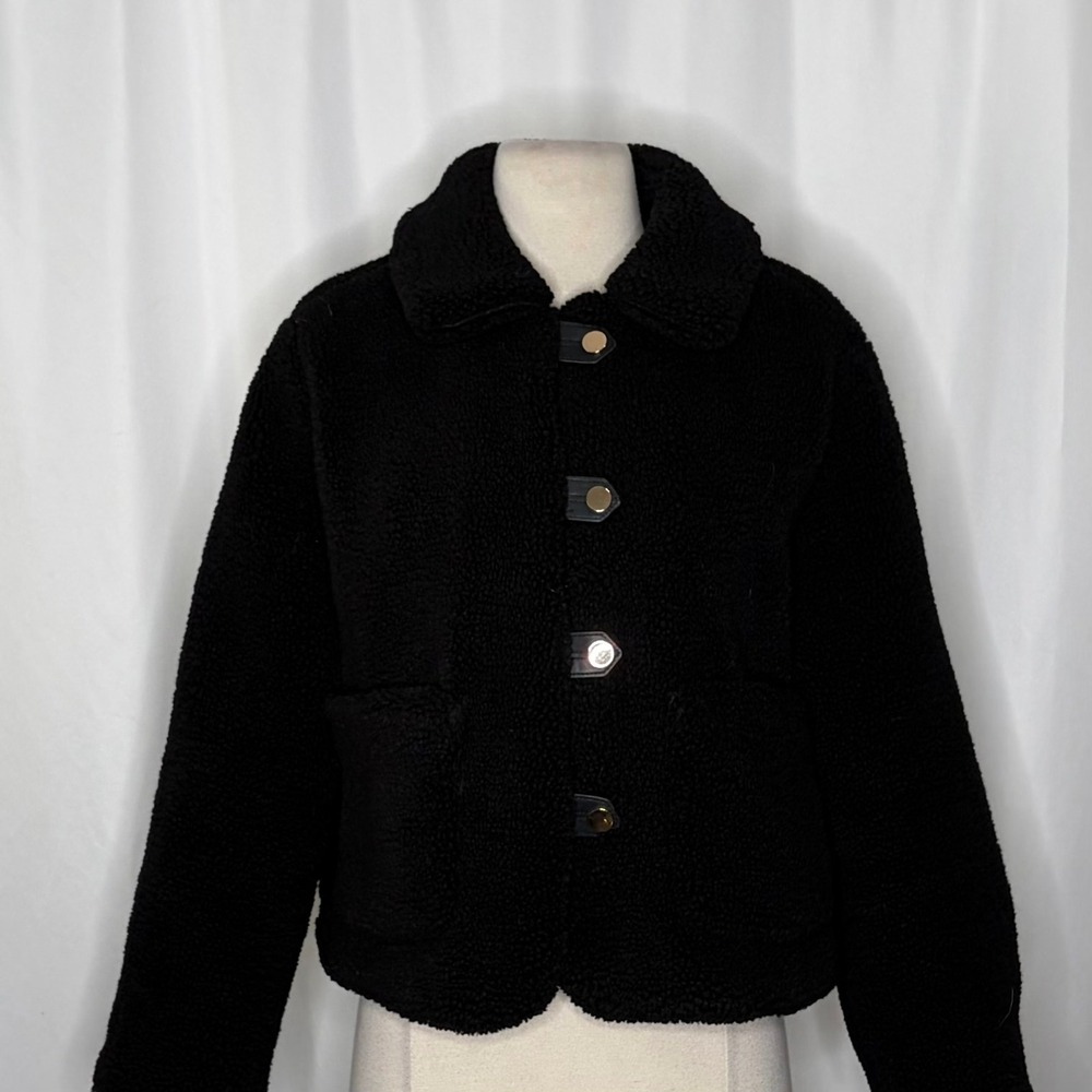 ZARA Black Sherpa Fuzzy Fleece Teddy Coat‎ Faux Shearling Snaps Pockets Small - Picture 4 of 16